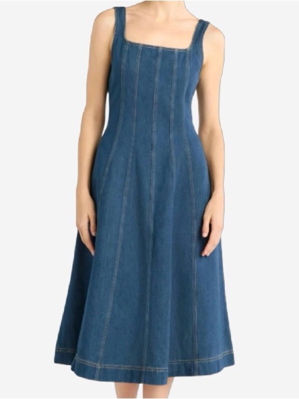 Sleeveless Blue Denim A-Line Panel Midi Dress with Square Neck